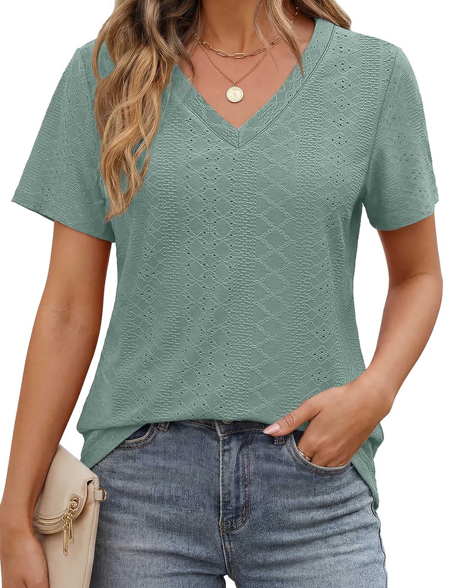 Fantaslook Eyelet Womens Tops Short Sleeve Dressey Casual Blouses V Neck Work Shirts Summer Basic... | Walmart (US)