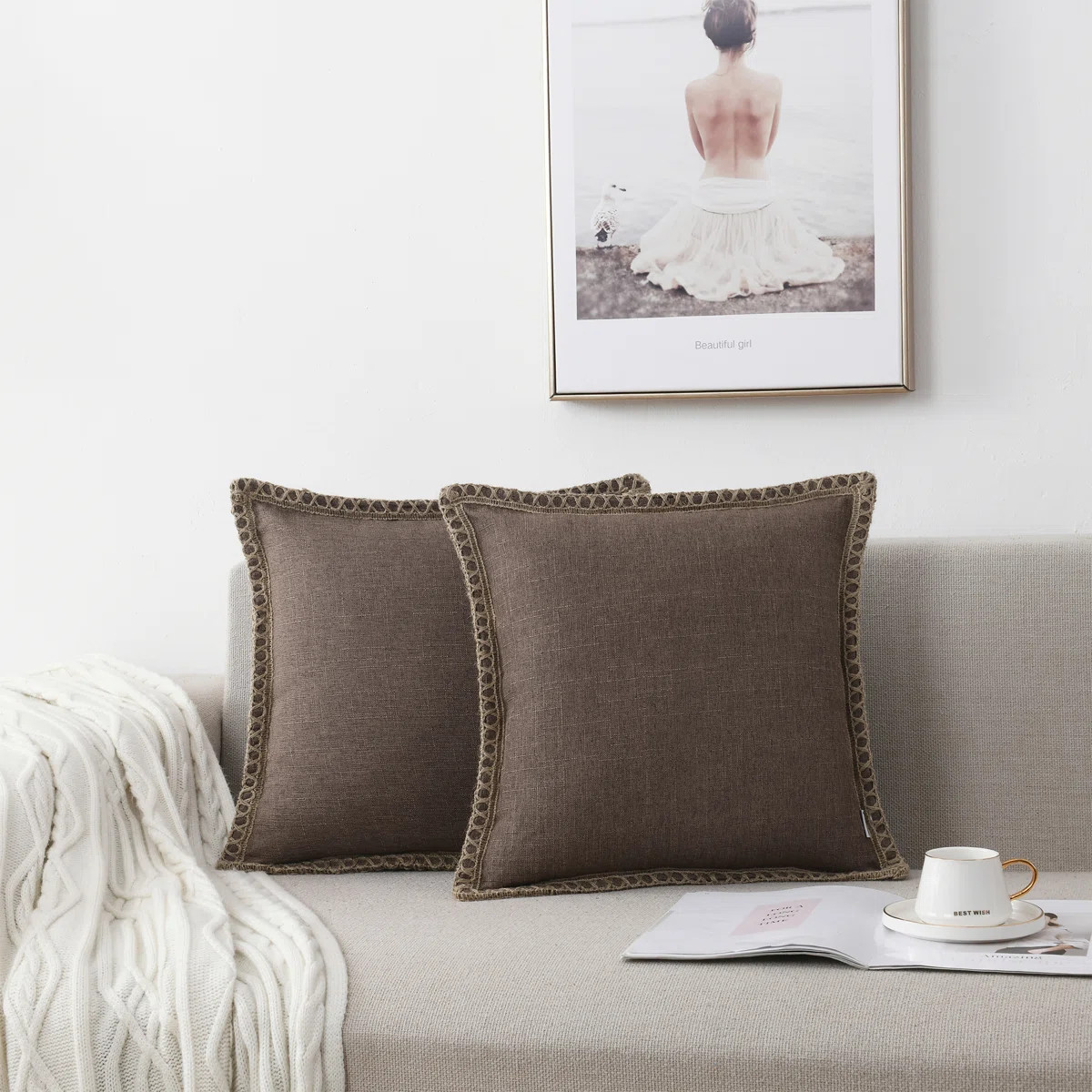 Farmhouse Trimmed Burlap Linen Polyester Pillow Cover (Set of 2) | Wayfair North America