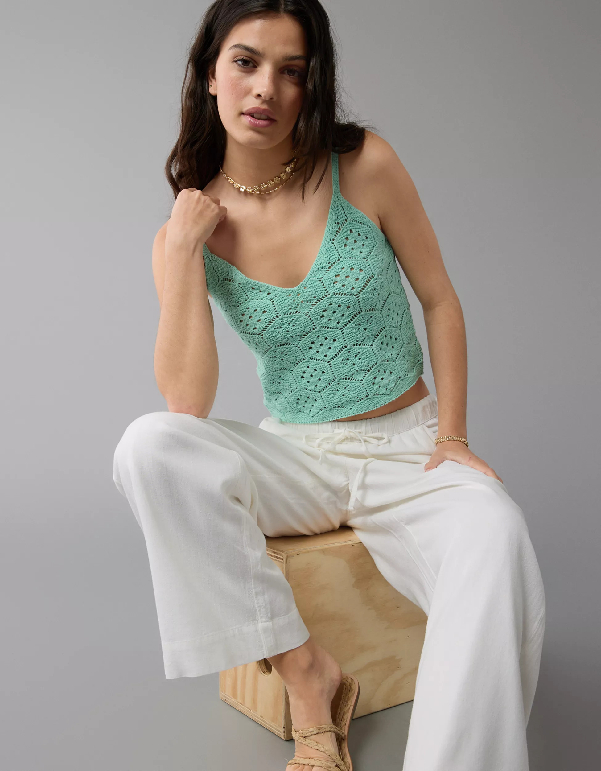 AE V-Neck Crochet Sweater Tank Top | American Eagle Outfitters (US & CA)