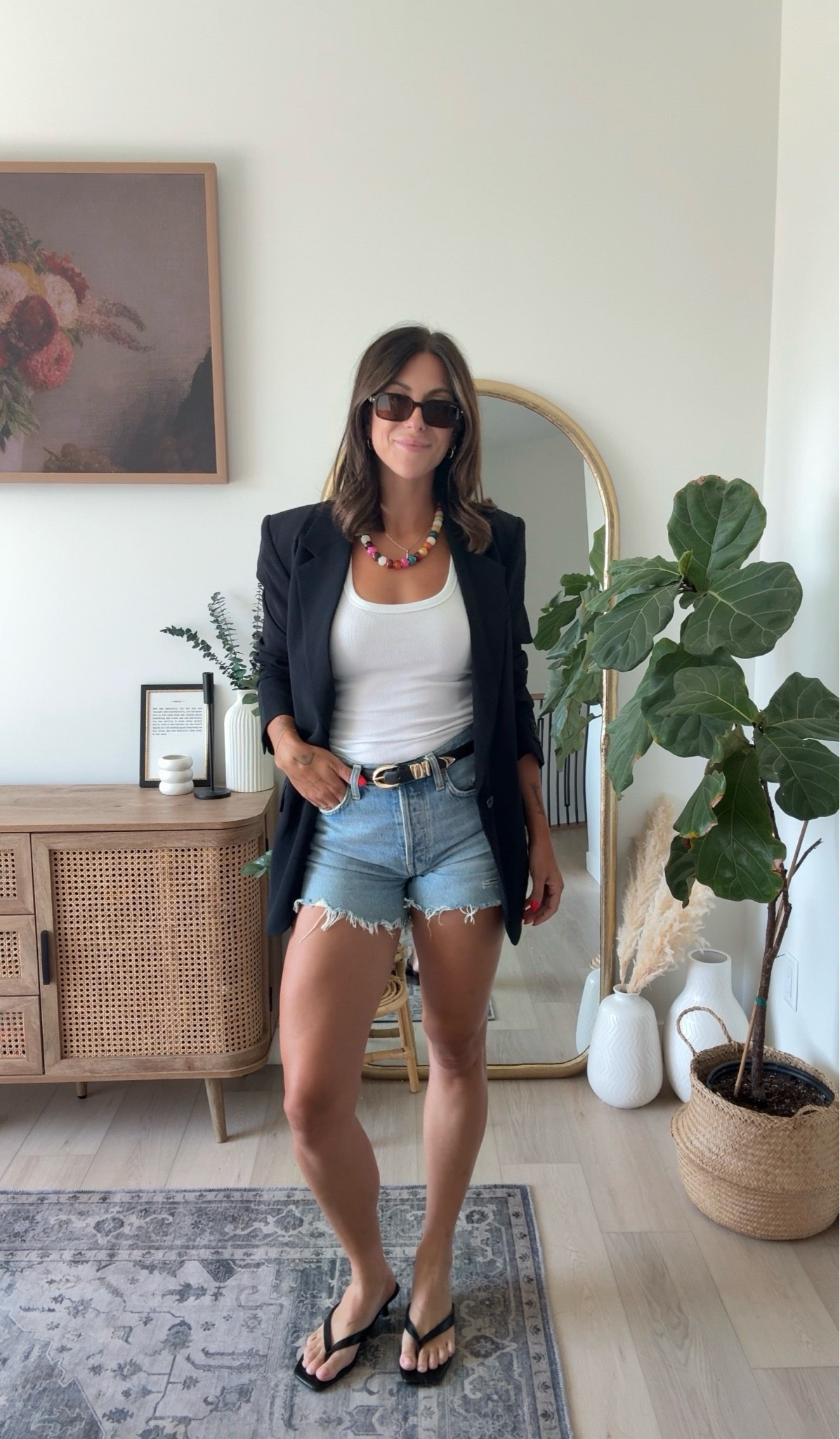 Jean shorts for summer ootd idea
Tank is aritzia size small
Blazer is aritzia size small
Shorts are aritzia true to size 
Belt, sunnies, necklace, and shoes are Amazon

#LTKcanada #LTKsummer