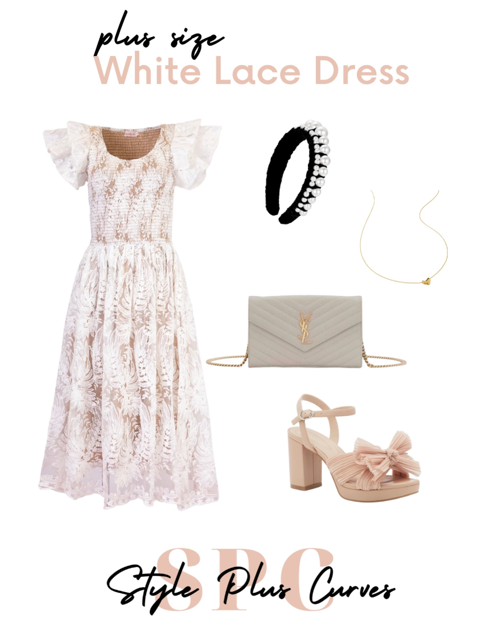 Beautiful plus size white lace dress from Ivy City Co! Pearl headband, simple necklace, neutral shoes, and an elegant bag to round out the outfit  

#LTKPlusSize