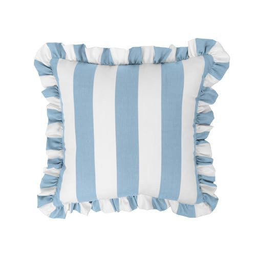 Sherry Kline Cabana Stripe Outdoor Throw Pillow Set of 2, 18x18 Inch Square Decorative Cushions with 2" Ruffle Trim, Reversible Indoor Patio Porch Pool Sofa Accent Pillows, Made in USA – Skyblue/White | Amazon (US)