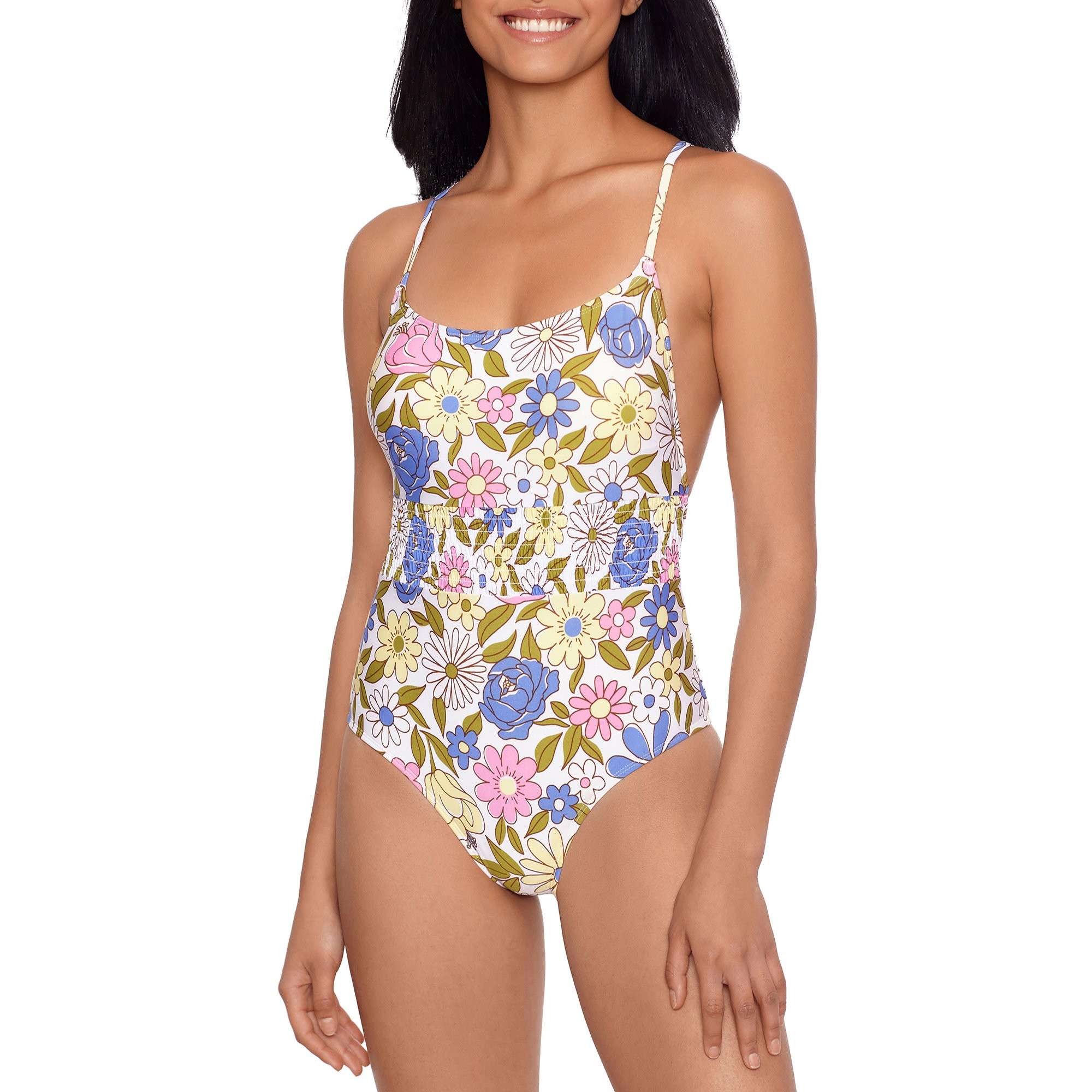 No Boundaries Juniors' Flower Power Smocked Waist One-Piece Swimsuit | Walmart (US)
