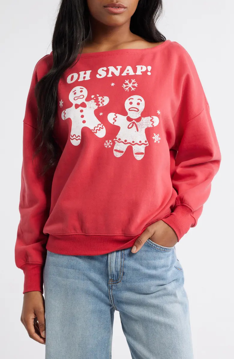 Oh Snap Holiday Off the Shoulder Graphic Fleece Sweatshirt | Nordstrom