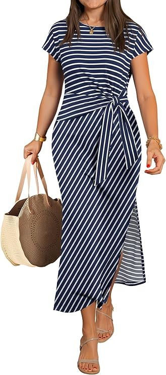 ANRABESS Womens Summer Maxi Dress Casual Crew Neck Tie Waist Split Wrinkle-Free Fit Long Fashion ... | Amazon (US)