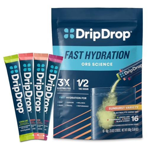 DripDrop Hydration Packets - Sunburst Variety Pack - Single Serve Electrolytes Powder Drink Mix - Lemon Lime, Strawberry, Peach, Black Cherry - Non-GMO, Gluten Free, Vegan - 16 Sticks | Amazon (US)