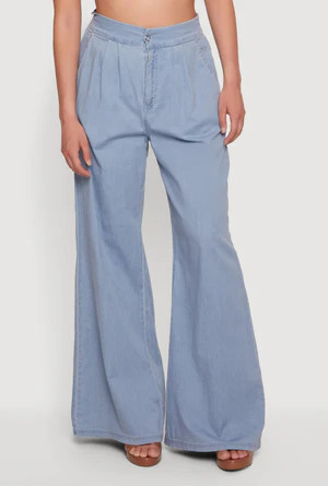 Pleated High Waisted Wide Leg Chambray Pants | Rainbow Shops