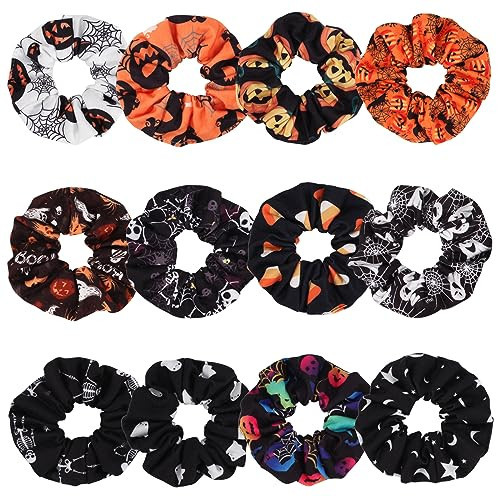 Halloween Hair Scrunchies BOO Spooky Pumpkin Fall Scrunchies Skull Ghosts Bat Star Moon Candy Spider Web Skeleton Hair Ties for Women Girls Elastics Scrunchy Halloween Gifts Accessories 12 PCS | Amazon (US)