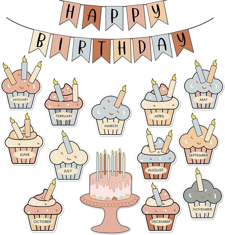 AnyDesign Boho Cupcake Cut-Outs with 100Pcs Glue Points Happy Birthday Cutouts Colorful Cake Candles | Amazon (US)