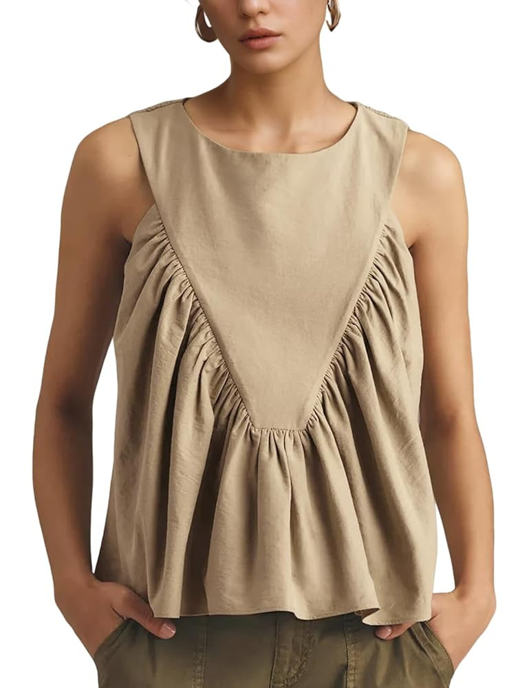Wyeysyt Peplum Tops for Women Shirred Swing Tank Tops Pleated Flowy Vest Casual Sleeveless Blouse... | Amazon (US)