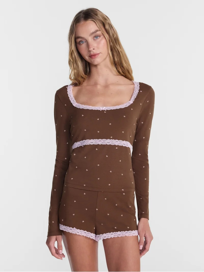 No Boundaries Sleep Lace Top with Long Sleeves, Women\u2019s XXS-3X | Walmart (US)