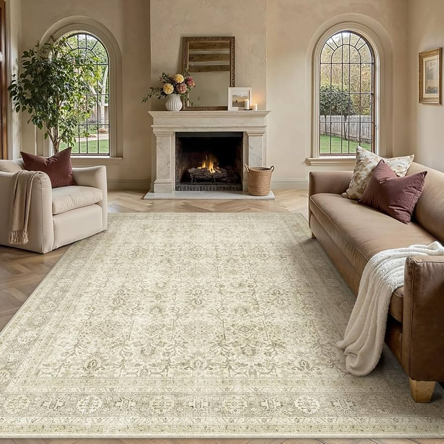 PureCozy Vintage Area Rug 8x10 Beige Washable Living Room Large Carpet Non Slip Bedroom Indoor Of... | Amazon (US)