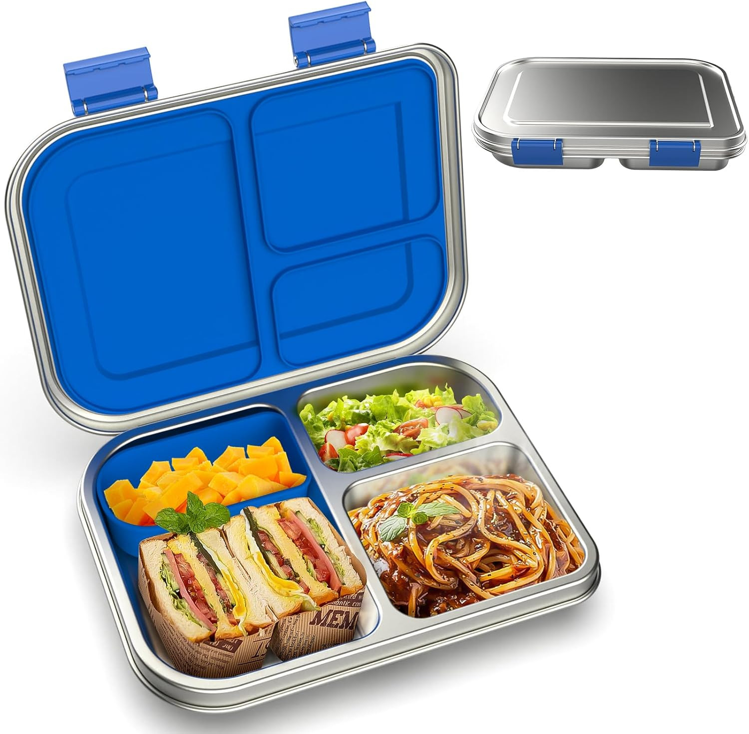 Stainless Steel Kids Leak-Resistant Bento Lunch Box, 3-Compartments with Silicone Container, Dishwasher-Safe, Child-Friendly Design for School, Picnics & Travel,BPA-Free (Blue) | Amazon (US)