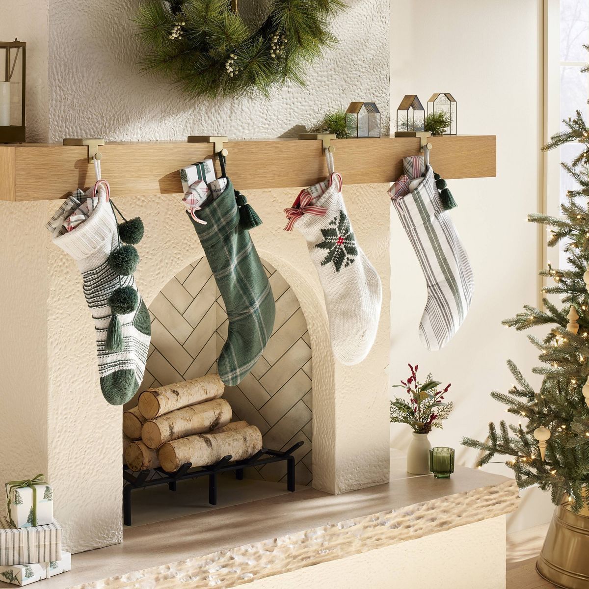 Textured Mix Stripe Christmas Stocking Green/Cream/Gray - Hearth & Hand™ with Magnolia | Target