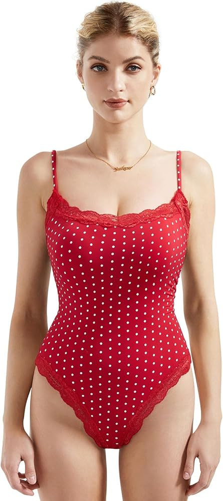 SUUKSESS Women Square Neck Lace Bodysuit Sleeveless Spaghetti Strap Tank Top | Amazon (US)