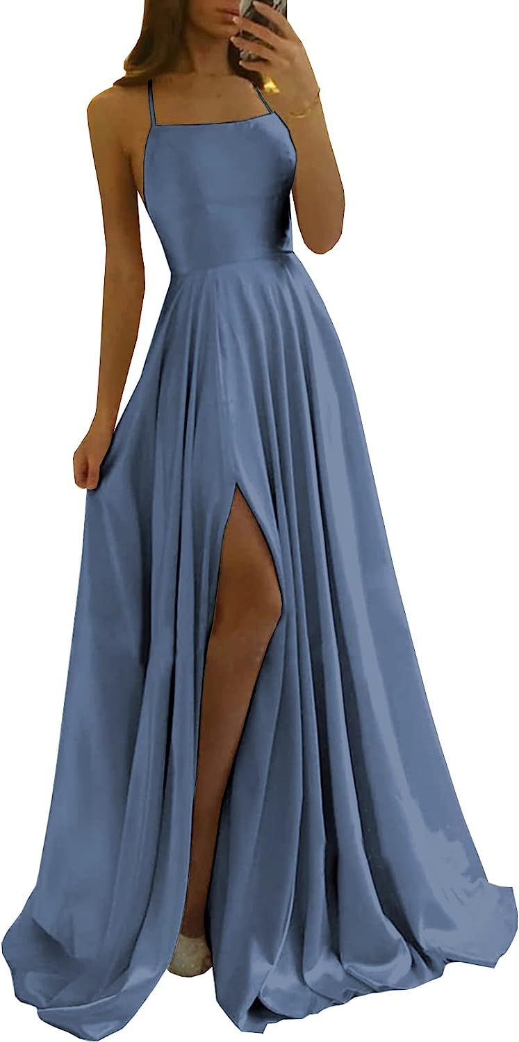 POMUYOO Women's Satin Prom Dresses Long Ball Gown Spaghetti Straps Slit A Line Formal Evening Dre... | Amazon (US)