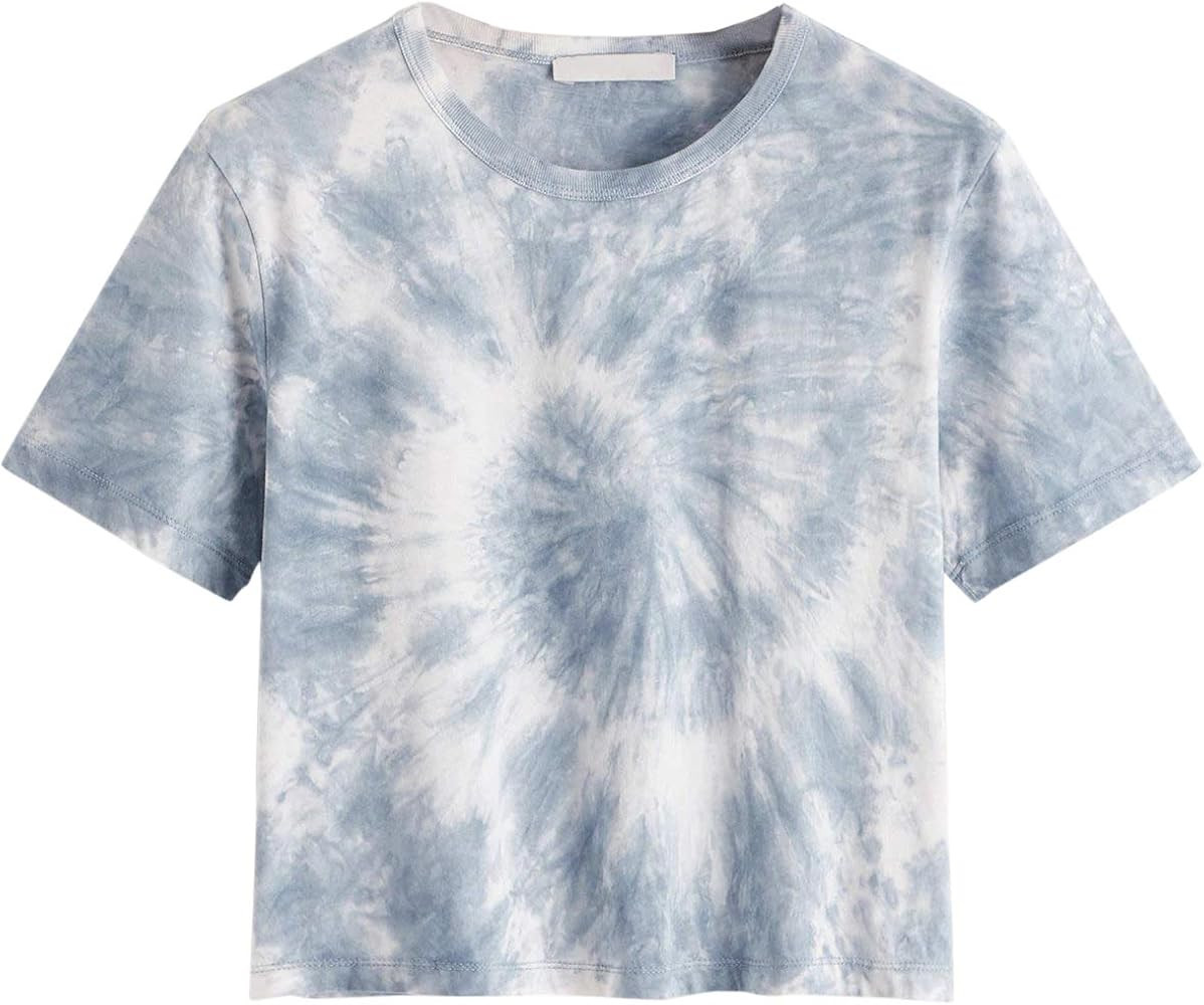 Women's Tie Dye Letter Print Crop Top T Shirt Blue M | Amazon (US)