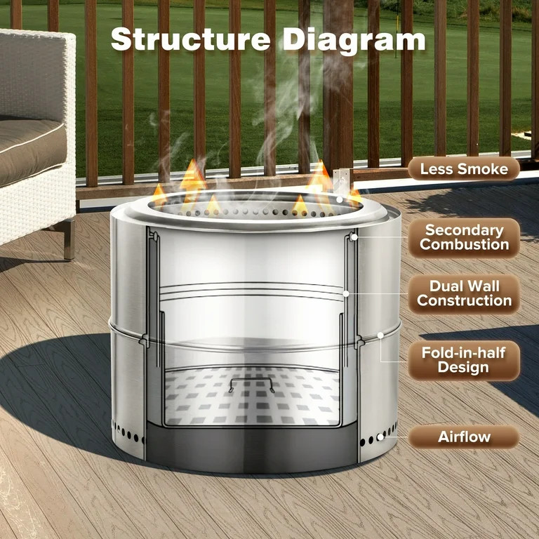 LHRIVER 19.49" Stainless Steel Fire Pit 2.0, Wood and Smokeless Burning, Portable Outdoor Firepit... | Walmart (US)