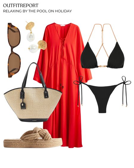 Red cover up maxi dress bikini sandals and straw handbag tote pool day outfit

#LTKover50style #LTKstyletip #LTKsummer