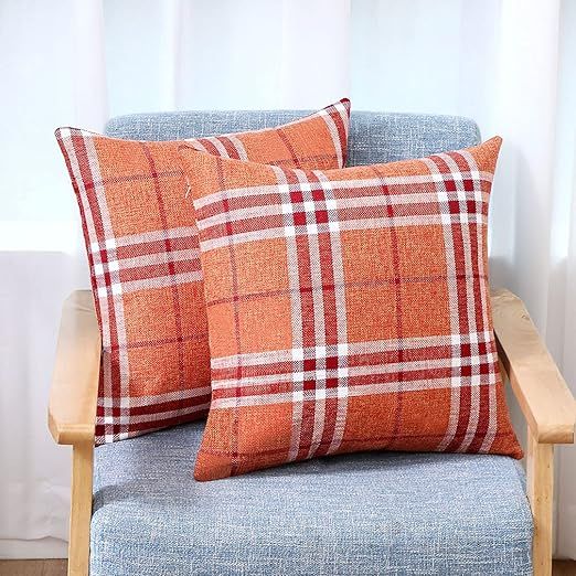 ZUYUSUT Set of 2 Fall Decor Buffalo Plaid Throw Pillow Covers 18x18 Buffalo Check Orange Pillowca... | Amazon (US)