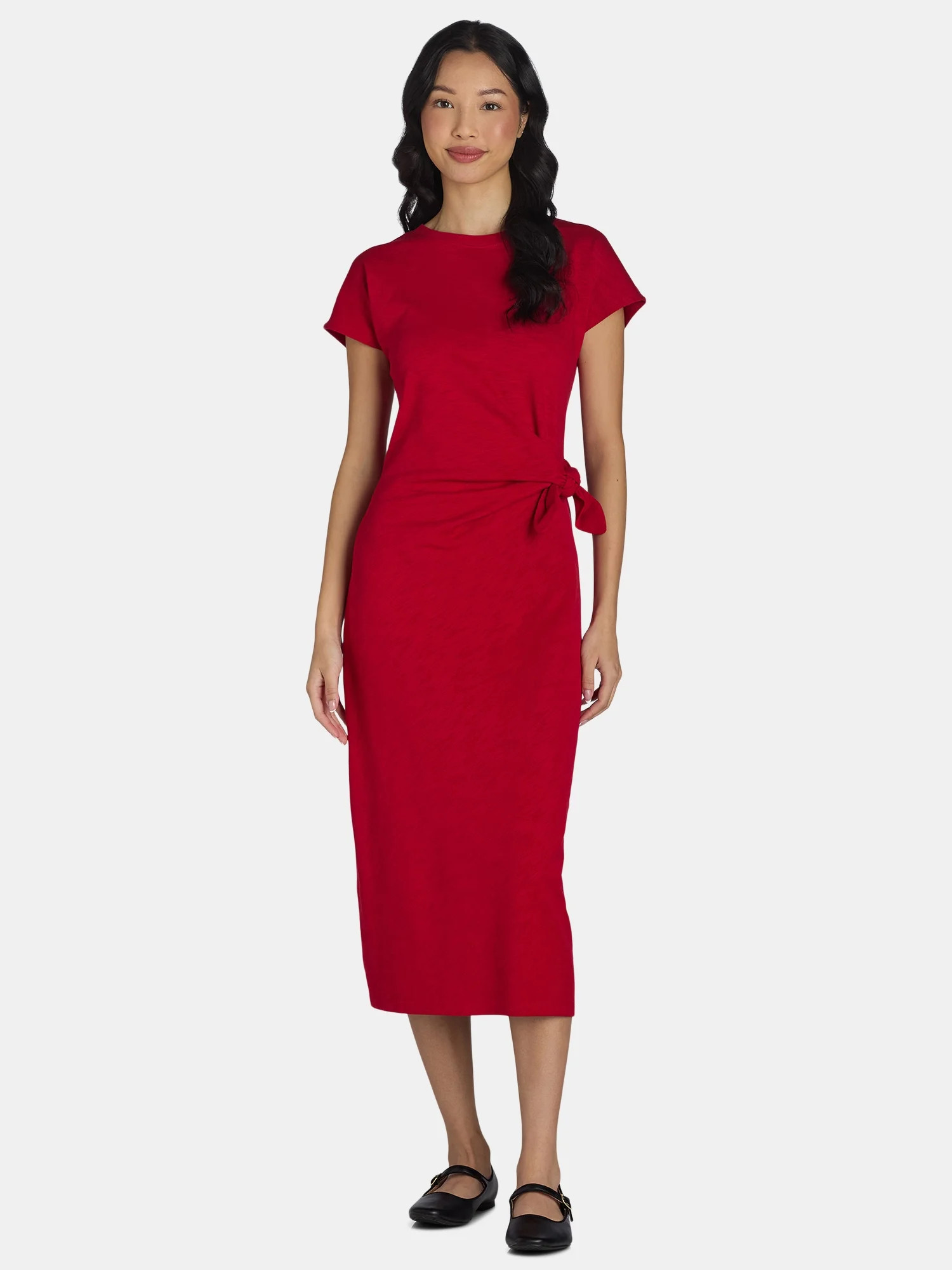 Time and Tru Women's and Women's Plus Side Tie Midi Dress with Short Sleeves, Sizes XS-4X - Walma... | Walmart (US)