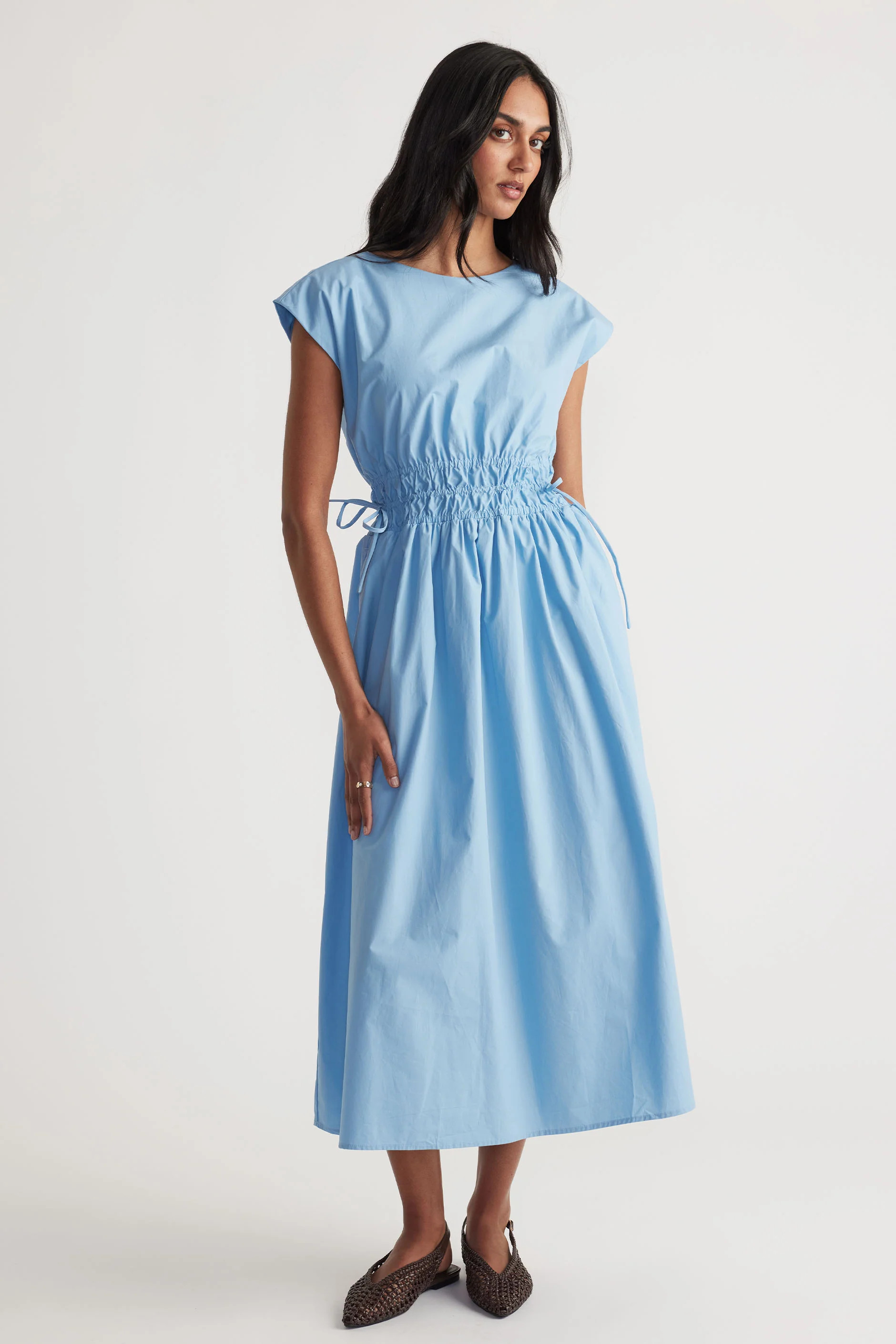 Zoe Shirred Waist Midi Dress - Iris Blue | DECJUBA