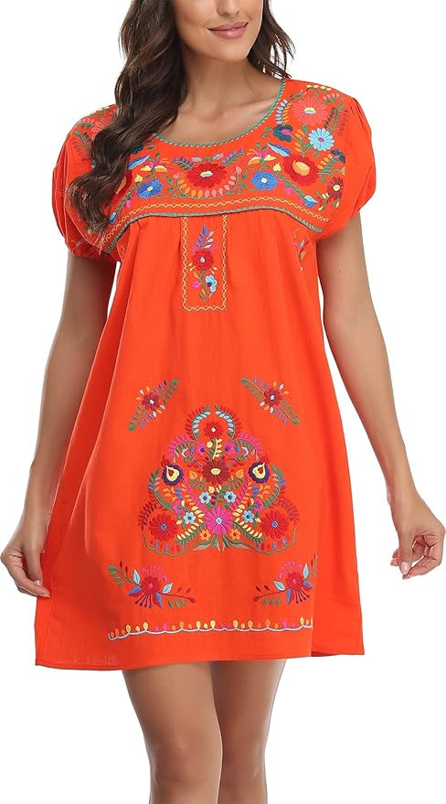 YZXDORWJ Women Mexican Embroidered Dress Short Sleeve | Amazon (US)