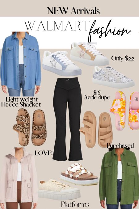 New Walmart fashion arrivals for spring! Light weight fleece time and Tru shacket. Golden goose sneaker dupes. Footbed slides. Platform sneakers. Daisy sandals. Cross over Flare leggings. Bell bottom leggings. 

#LTKunder50 #LTKshoecrush #LTKcurves