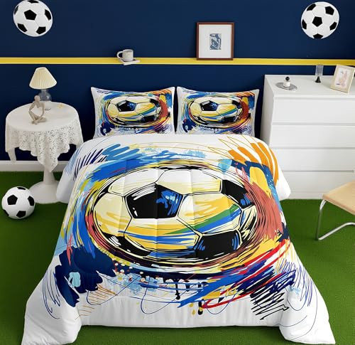Feelyou Boys Soccer Bedding Set Twin Size Football Sport Comforter Set for Kids Graffiti Style Duvet Set White Colorful Quilt Set 2Pcs | Amazon (US)