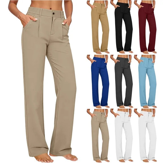 YFNNUP Linen Pants for Women Straight Leg Work Pant Lightweight Business Trousers Summer Casual O... | Walmart (US)