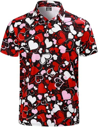 Men's Valentines Day Shirt Red Heart Love Button Up Short Sleeve Golf Polo, Heart Filled, Medium | Amazon (US)