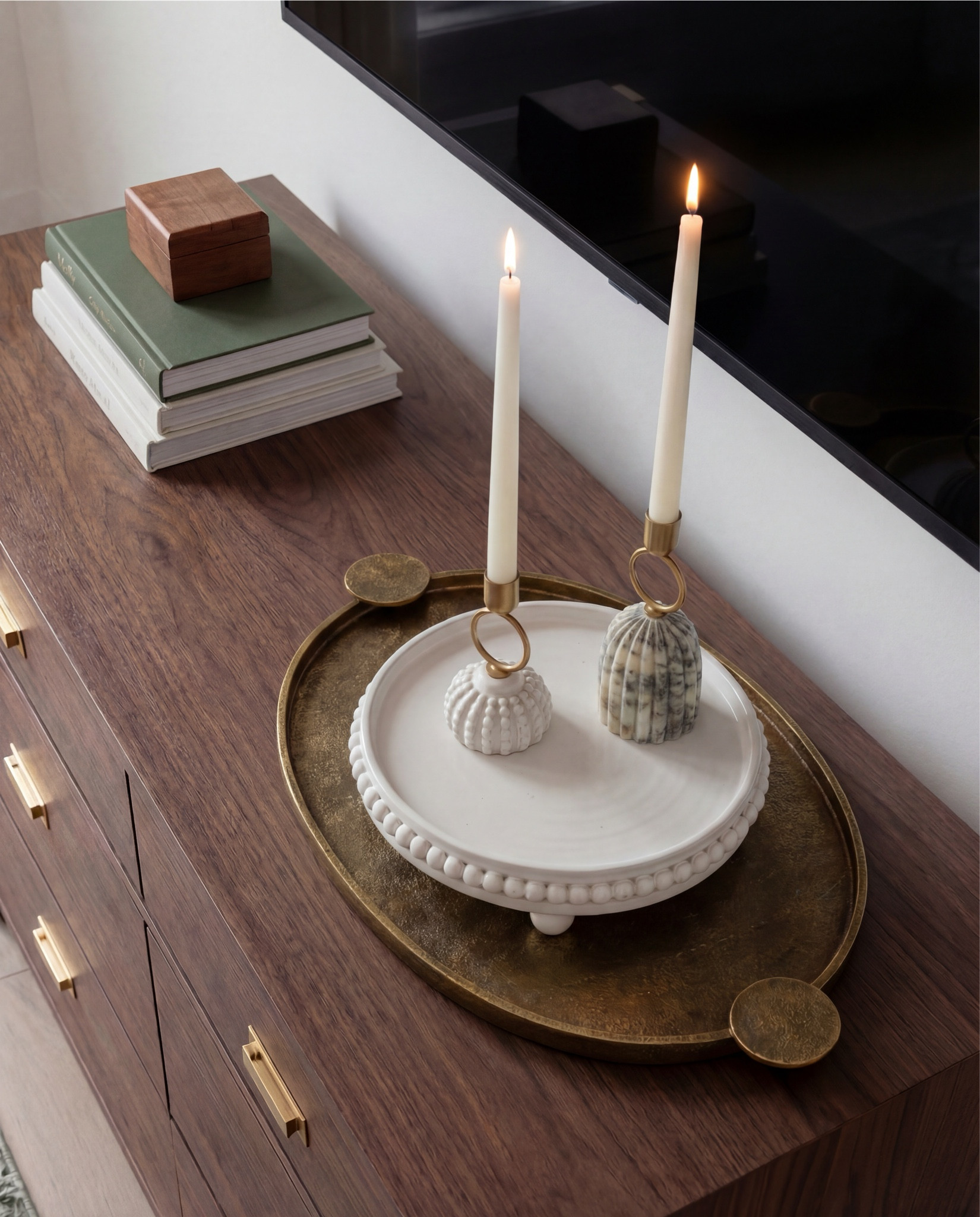 Shop the Look:
• White upholstered arched headboard bed
• White cotton duvet cover + pillow shams
• Green vintage-style area rug (distressed pattern)
• Brown chunky knit throw blanket
• Dark wood nightstands with cane doors
• White ceramic table lamp (round base)
• Brass wall sconces with glass shades
• Organic shape gold wall mirrors
• Black and beige abstract framed wall art
• Green geometric throw pillows
• Upholstered brown bench (channel tufted)
• Dark wood dresser with brass pulls
• Round ivory accent chair
• Cream throw blanket (soft knit texture)
• Tall brass floor lamp with white shade
• Decorative book stack (neutral tones)
• Small wood decorative box
• Brass round tray
• White pedestal decorative bowl
• Marble candle holders with brass rings
• Taper candles (ivory)
• Large ceramic vase with dried stems

#LTKHome #LTKSaleAlert