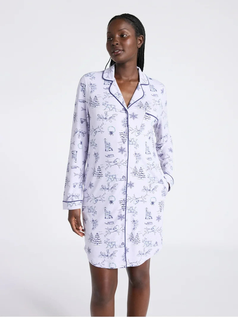 Joyspun Women's Dreamy Soft Collection Notch Collar Sleepshirt with Long Sleeves, Sizes S-4X | Walmart (US)