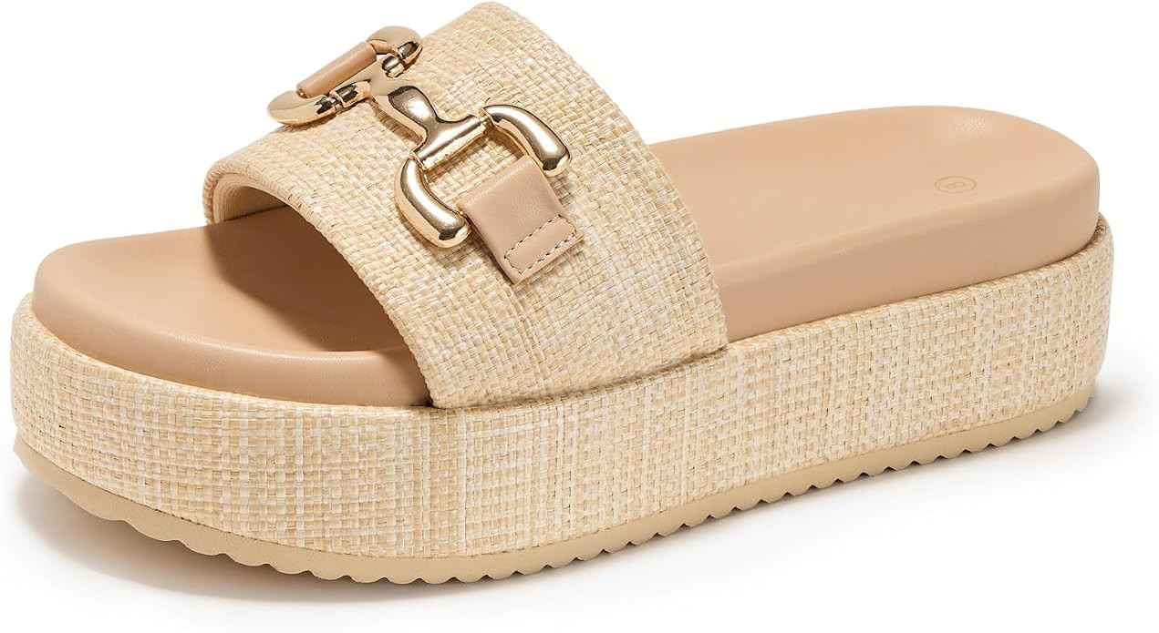 Womens Platform Sandals Cute Raffia Espadrilles Slip on Sandals Boho Open Toe Woven Straw Slides ... | Amazon (US)