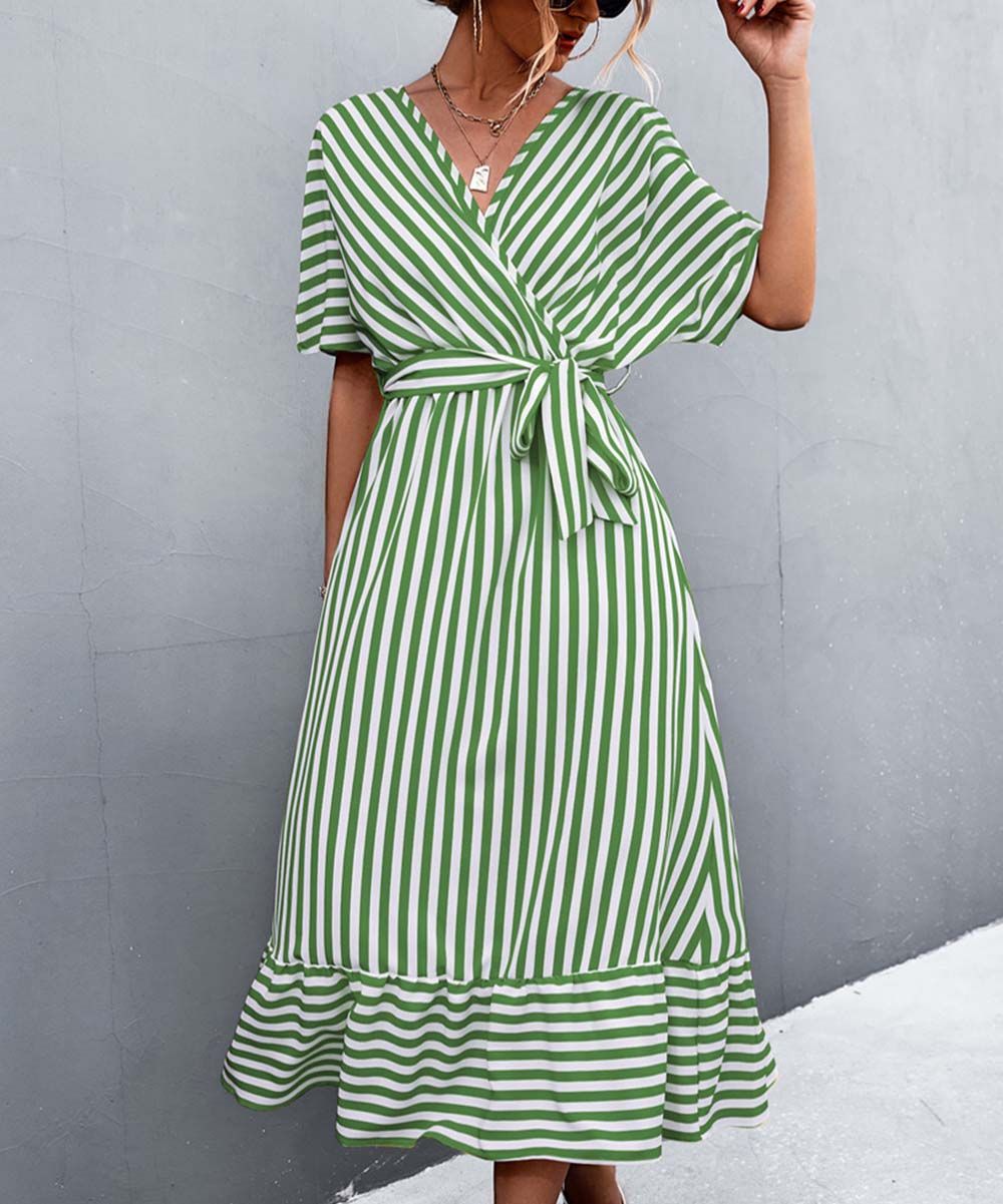 DE SEPRESO Women's Maxi Dresses Green - Green & White Stripe Dolman-Sleeve Surplice Dress - Women | Zulily