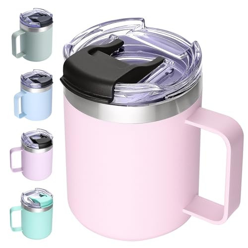 ALOUFEA 12oz Insulated Coffee Mug Cup with Handle, Stainless Steel Travel Coffee Mug with Flip Lid, Double Wall Vacuum Coffee Tumbler,Blush | Amazon (US)