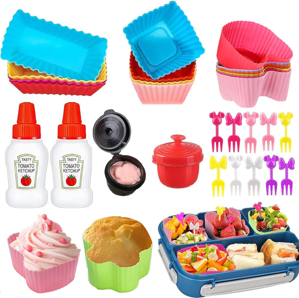 WXOIEOD 32 Pieces Bento Box Accessories Set, Silicone Lunch Box Dividers Mini Ketchup Bottles Sal... | Amazon (US)