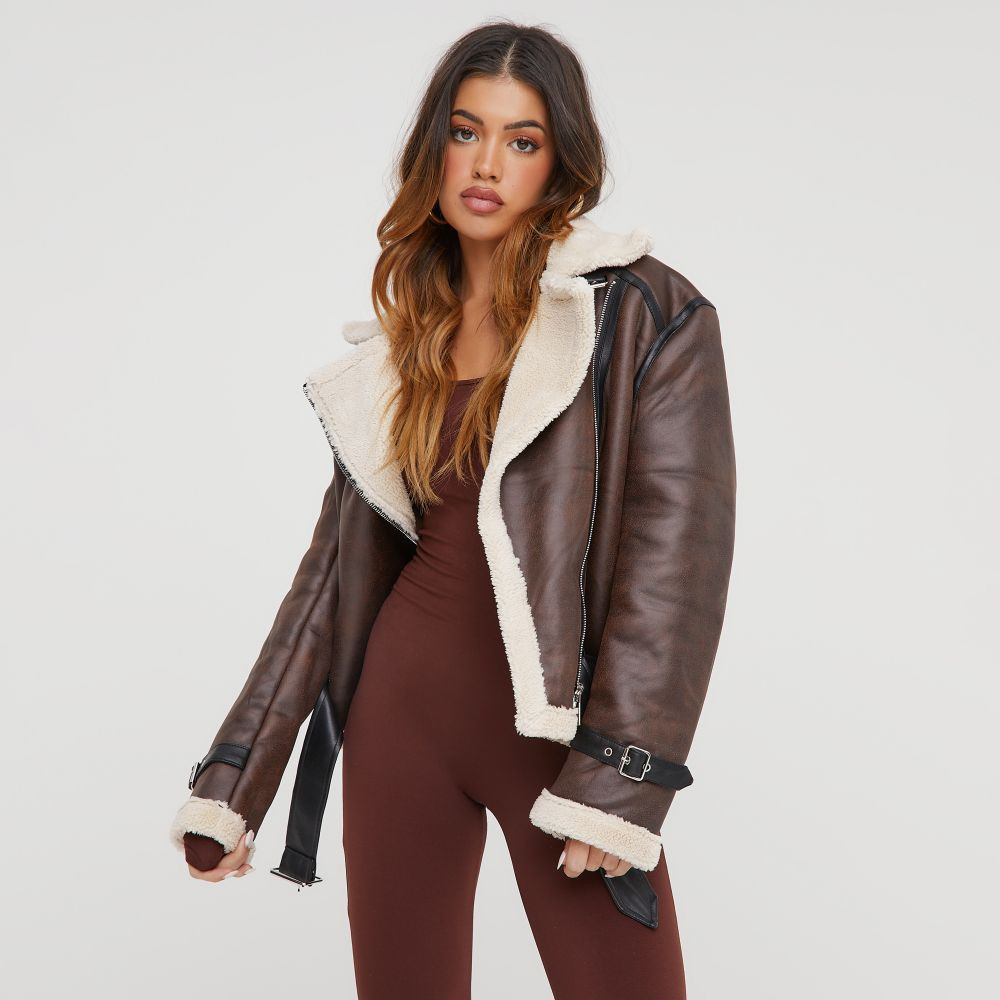 Faux Shearling Lining Aviator Coat In Brown And Cream Faux Leather | EGO (UK)