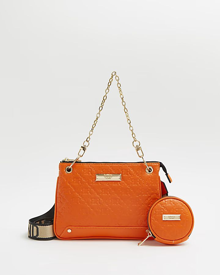 Orange RI monogram embossed cross body bag | River Island (UK & IE)