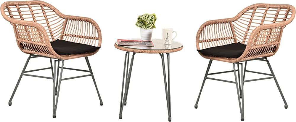 Leasbar 3 Piece Patio Conversation Bistro Set Porch Furniture Rattan Wicker Chairs，Outdoor Mode... | Amazon (US)