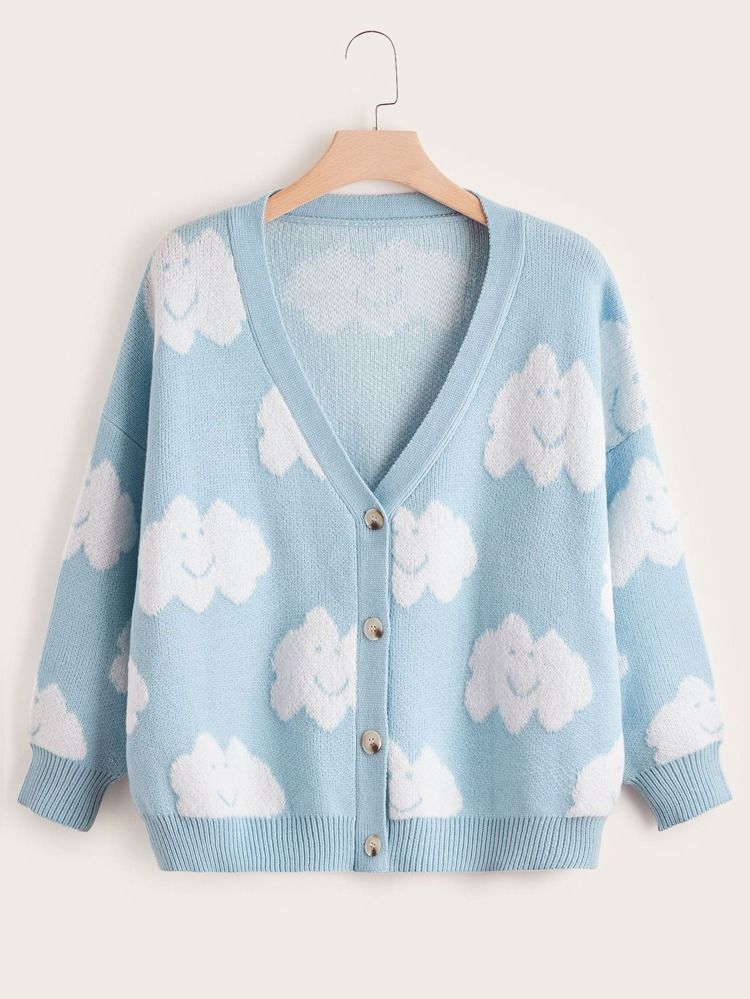 Plus Cloud Pattern Drop Shoulder Cardigan | SHEIN