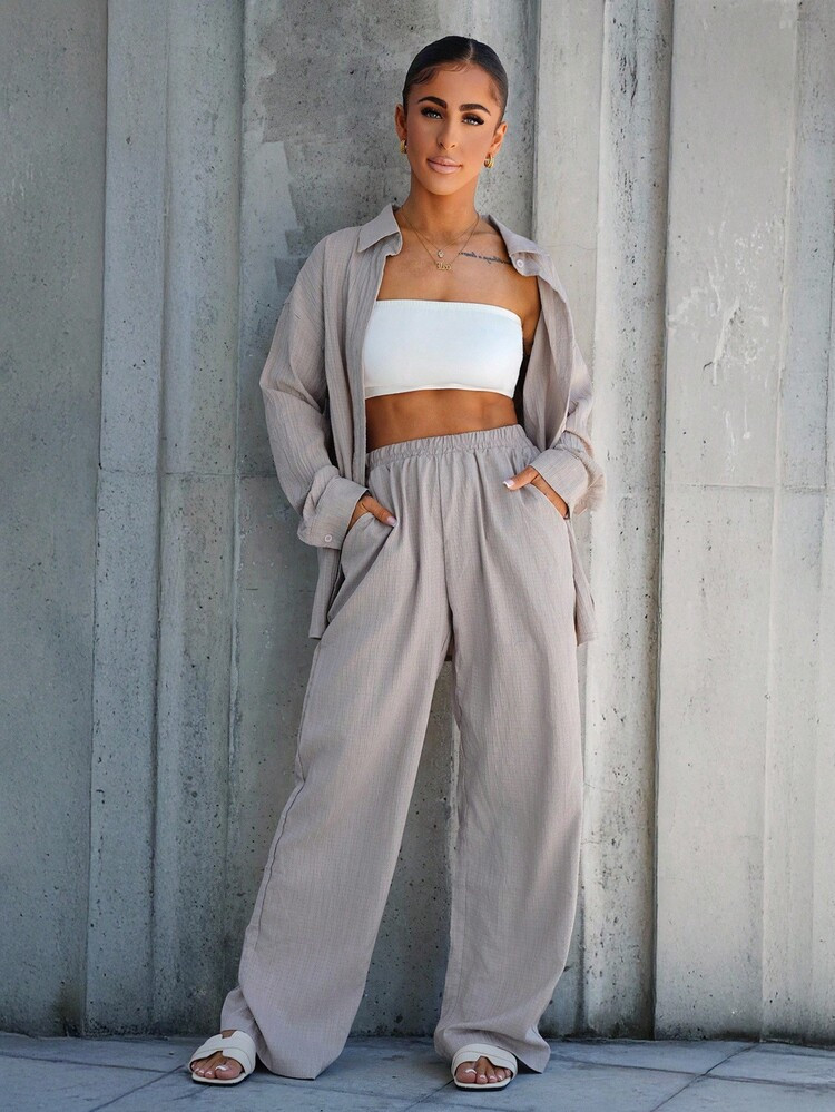 SAYEHFBABY 2pcs Women Spring & Autumn Casual Solid Color Long Sleeve Shirt And Pants Set | SHEIN