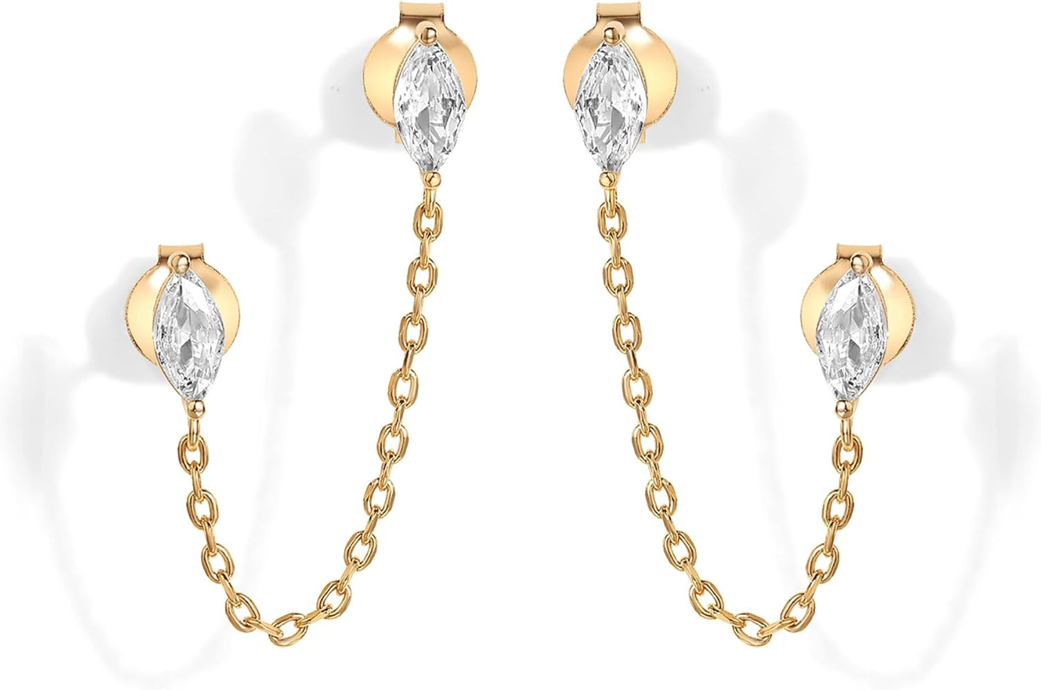 PAVOI 14K Gold Plated Delicate CZ Chain Earrings for Women | Double Piercing Dangle Chain Studs E... | Amazon (US)