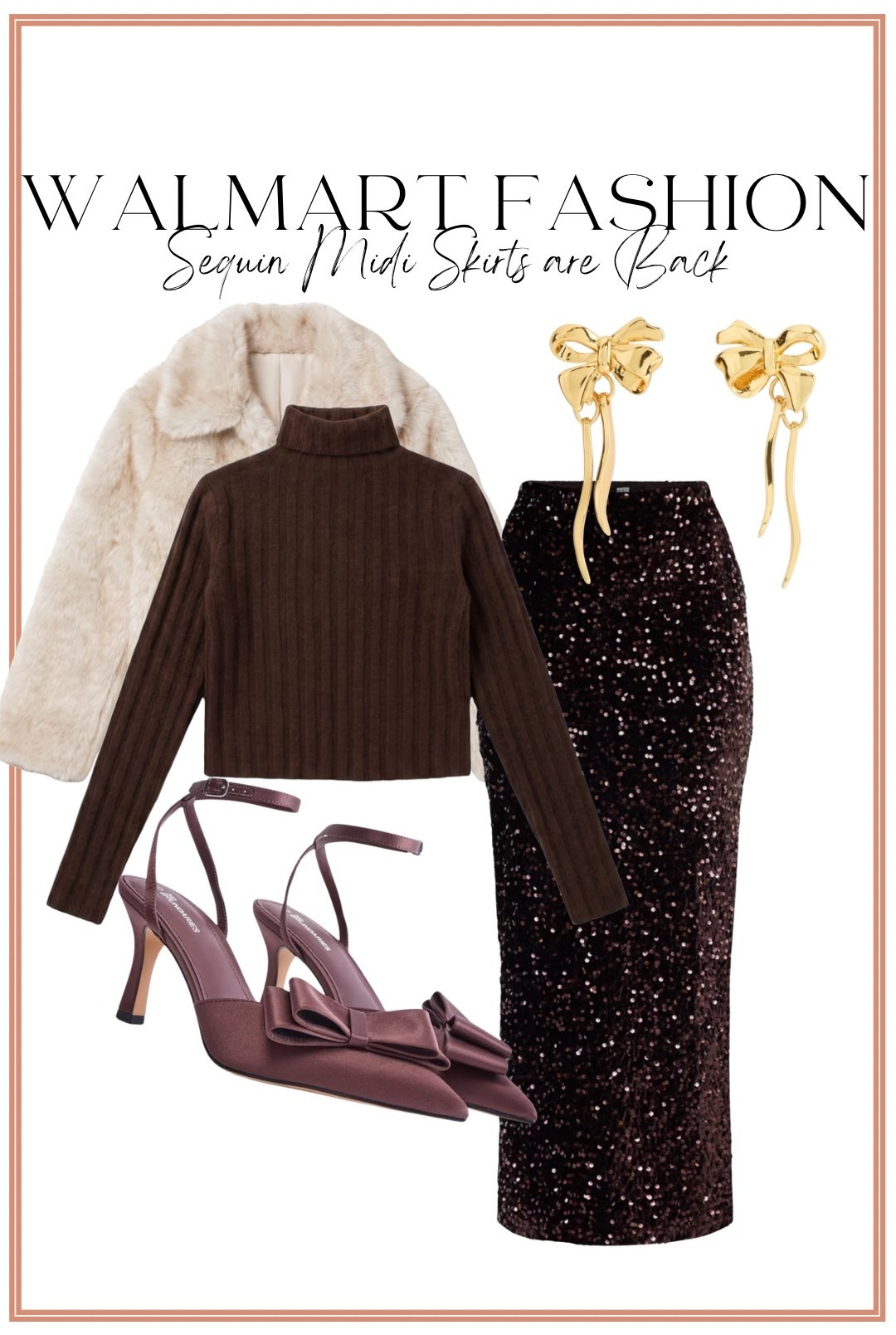 The Walmart sequin midi skirts are BACK!! ✨🤎 This chocolate brown is absolutely gorgeous for holiday season! I paired it with a brown ribbed turtleneck, faux fur jacket and the prettiest bow heels for an elevated monochromatic look. 🎀 This entire Walmart fashion outfit looks SO much more expensive than it is and would be perfect for Christmas parties, holiday dinners, NYE and winter events!

#walmartfashion #walmartfinds #walmartstyle #walmartfashionfinds #sequinskirt #holidayoutfit #holidayfashion #christmaspartyoutfit #nyeoutfit #affordablefashion #winterstyle #walmartoutfit