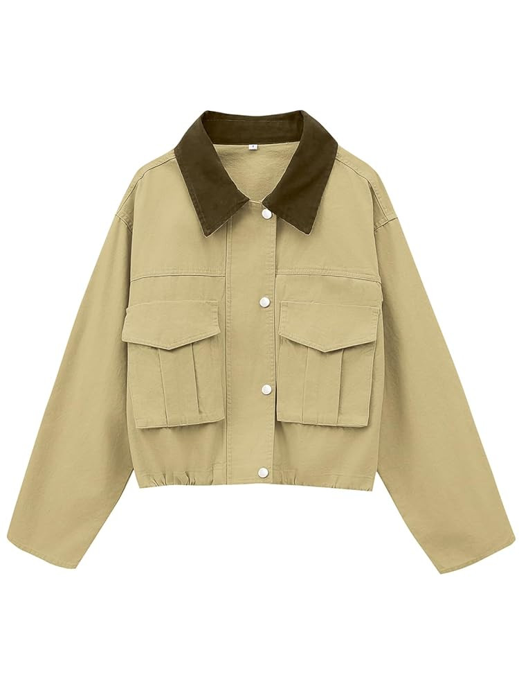 Womens Cropped Jacket Zip Up Lightweight Bomber Button Drawstring Oversized Utility Casual Coats ... | Amazon (US)