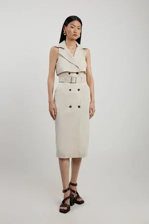 Tailored Cotton Double Breasted Storm Flap Detail Midi Shirt Dress | Karen Millen UK + IE + DE + NL