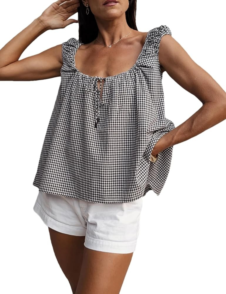 Women Tie Front Tank Tops Summer Sleeveless Square Neck Babydoll Shirts Casual Flowy Pleated Ruff... | Amazon (US)