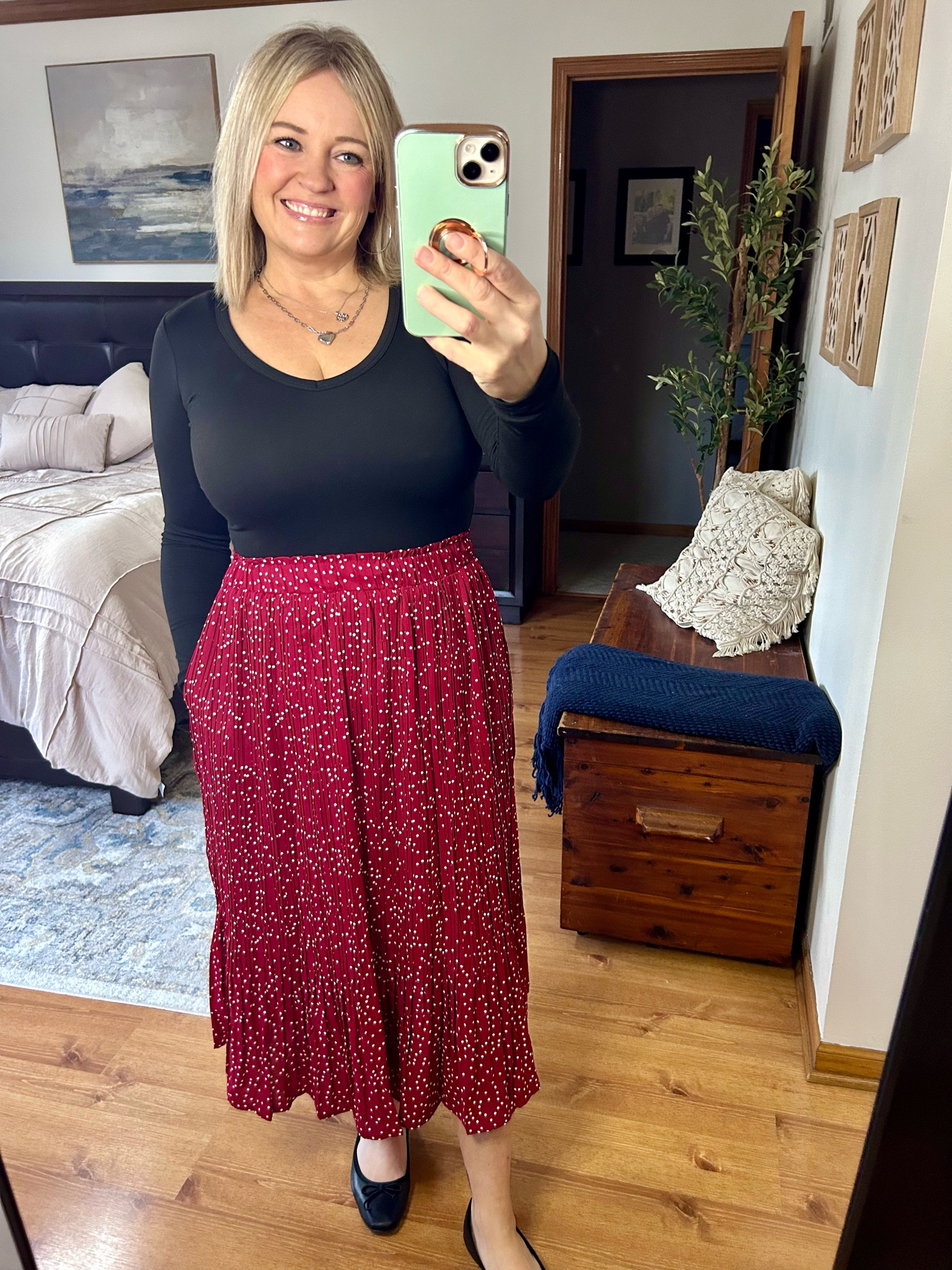 Cute polka dot maxi skirt…love it paired with a black bodysuit! 

#LTKStyleTip #LTKSeasonal #LTKOver40