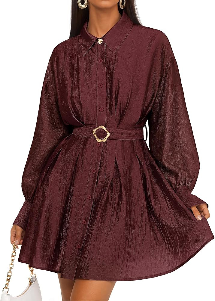 ZESICA Womens Fall Long Sleeve Button Cocktail Party Mini Dress | Amazon (US)