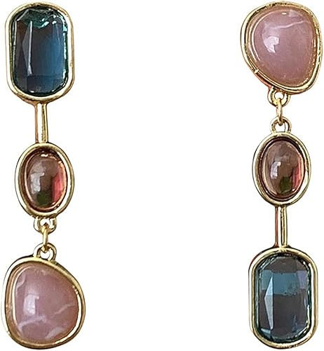 Colorful Three Layered Crystal Tassel Earrings, Boho Asymmetry Gemstone Long Dangle Earrings, Vin... | Amazon (US)
